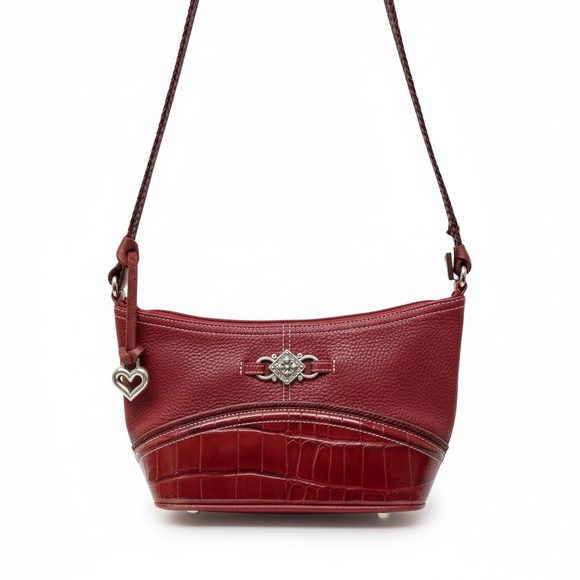 Brighton Red Pebbled Leather Shoulder Bag Heart Charm Croc Embossed - Picture 2 of 8